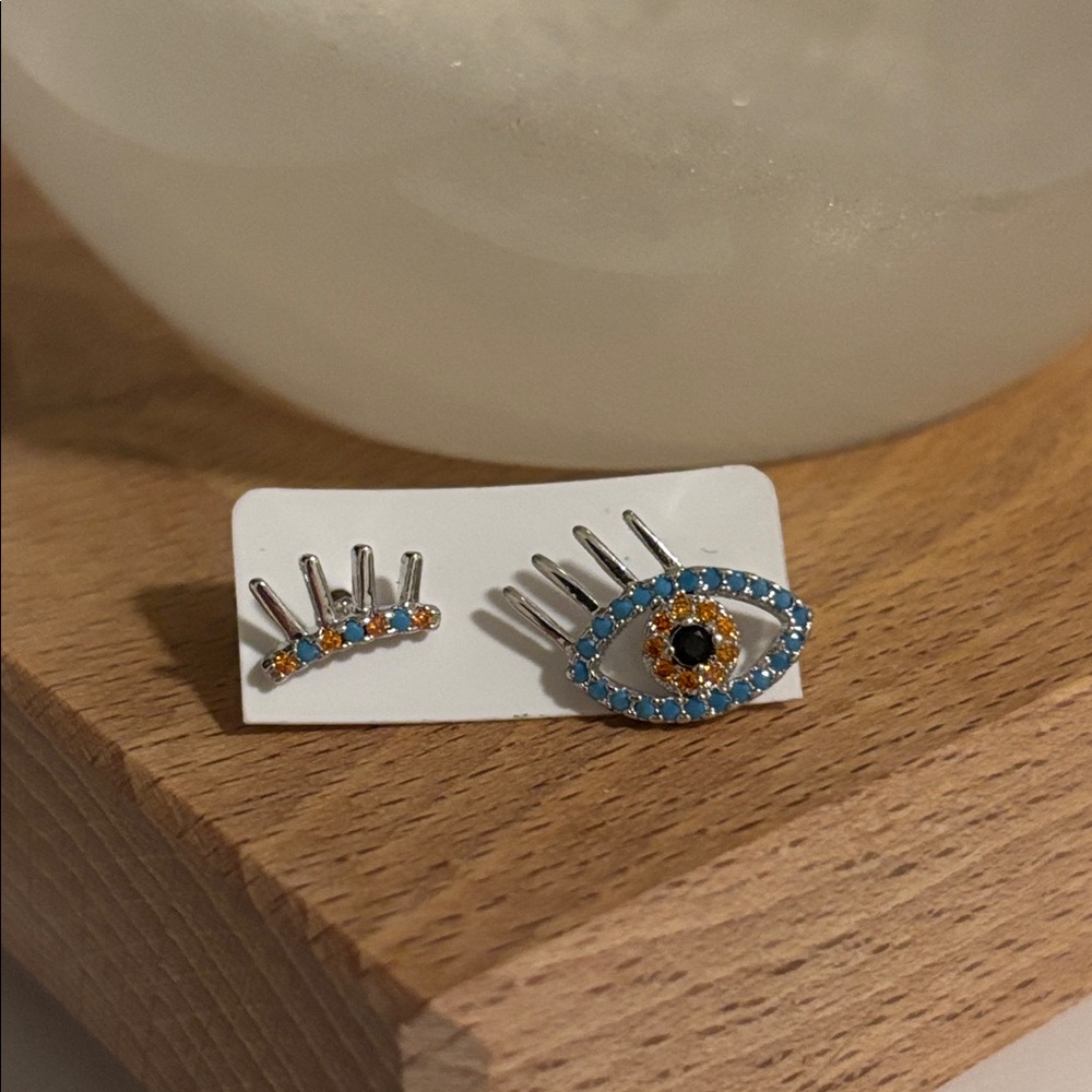 Evil Eye Lashes Orange & Turquoise Stud Earrings Silver White Gold Plated Boho